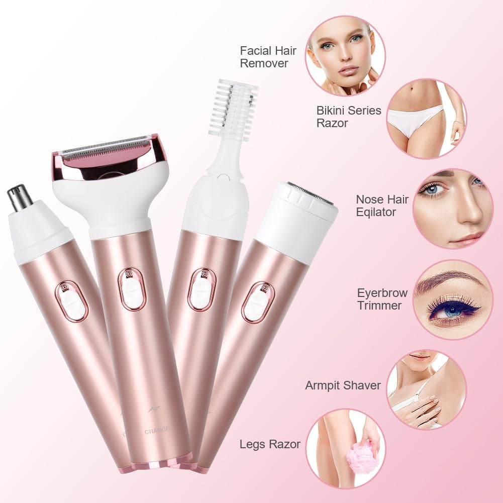 ACWOO Rasoir Électrique Femme, 4 En 1 Rasoir Indolore Rechargeable, Tondeuse Indolore, Rasoir Femme Sans Fil, Épilateur Électrique, Pour Visage, Bras, Jambes, Aisselles, Bikini