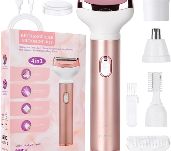 ACWOO Rasoir Électrique Femme, 4 En 1 Rasoir Indolore Rechargeable, Tondeuse Indolore, Rasoir Femme Sans Fil, Épilateur Électrique, Pour Visage, Bras, Jambes, Aisselles, Bikini